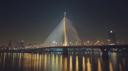 Obraz premium Beautiful Night View of Bridge with City Skyline Reflection