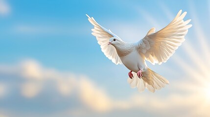 Obraz premium The background banner panorama depicts a majestic white dove soaring through the clear blue sky
