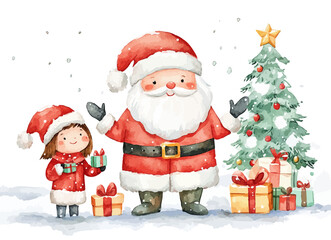 Santa Claus and little girl with christmas giftbox watercolor vector illustration,Merry Christmas