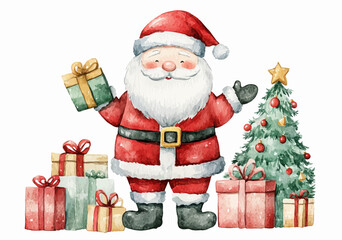 Santa Claus with christmas giftbox watercolor vector illustration,Merry Christmas