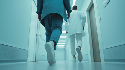 doctors are walking along the corridor of the hospital, doctors walk along the corridor of a medical institution, the concept of medical care, going around patient rooms, generative ai