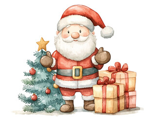 Santa Claus with christmas giftbox watercolor vector illustration