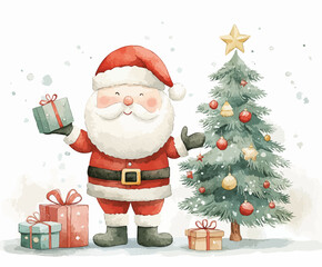Santa Claus with christmas giftbox watercolor vector illustration