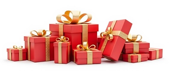 Red gift boxes with golden ribbons and bows, isolated on white background