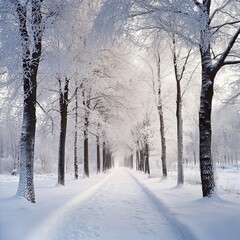 Naklejka premium Winter wonderland with frosty trees and snow-covered ground