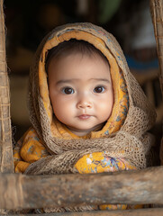 A cute baby sitting in the cradle, beautiful picture, looked at the camera, Generative AI