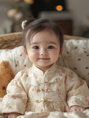 A cute baby sitting in the cradle, beautiful picture, looked at the camera, Generative AI