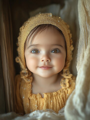 A cute baby sitting in the cradle, beautiful picture, looked at the camera, Generative AI