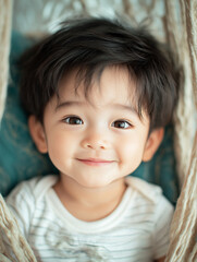 A cute baby sitting in the cradle, beautiful picture, looked at the camera, Generative AI