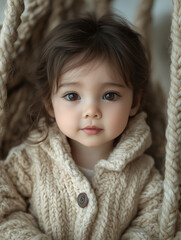 A cute baby sitting in the cradle, beautiful picture, looked at the camera, Generative AI