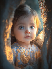 A cute baby sitting in the cradle, beautiful picture, looked at the camera, Generative AI