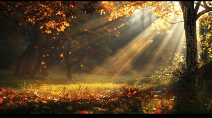 Fototapeta premium Serene Autumn Scene with Sunlight and Colorful Foliage