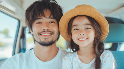 A happy family sitting in the car, beautiful picture, looked at the camera, Generative AI