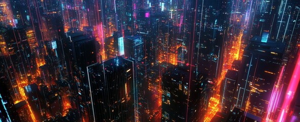 Fototapeta premium An aerial view of a futuristic city at night, with glowing neon lights and skyscrapers.