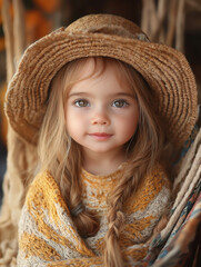 A cute baby sitting in the cradle, beautiful picture, looked at the camera, Generative AI