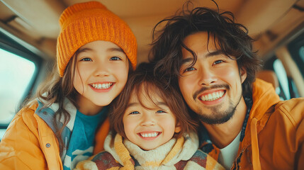A happy family sitting in the car, beautiful picture, looked at the camera, Generative AI