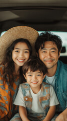 A happy family sitting in the car, beautiful picture, looked at the camera, Generative AI