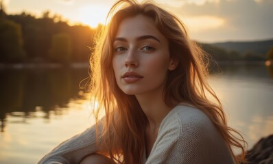 Young woman by the serene lake at sunset