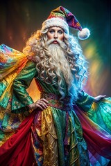Fototapeta premium Santa Claus with cheerful expression posing in colorful costume against vibrant background