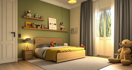 Modern Child s Bedroom with Green Walls and Wooden Bed
