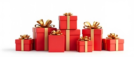 Red gift boxes with golden ribbons and bows, isolated on white background