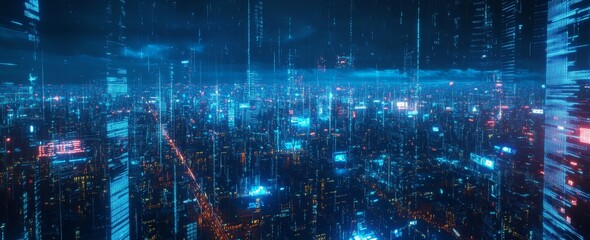 Futuristic cityscape with blue and red digital code overlay.
