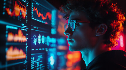 Data Analyst in Focus: A young man in glasses intently scrutinizes a wall of data dashboards illuminated by vibrant neon lights. He is a tech innovator navigating the complex world of data analytics.