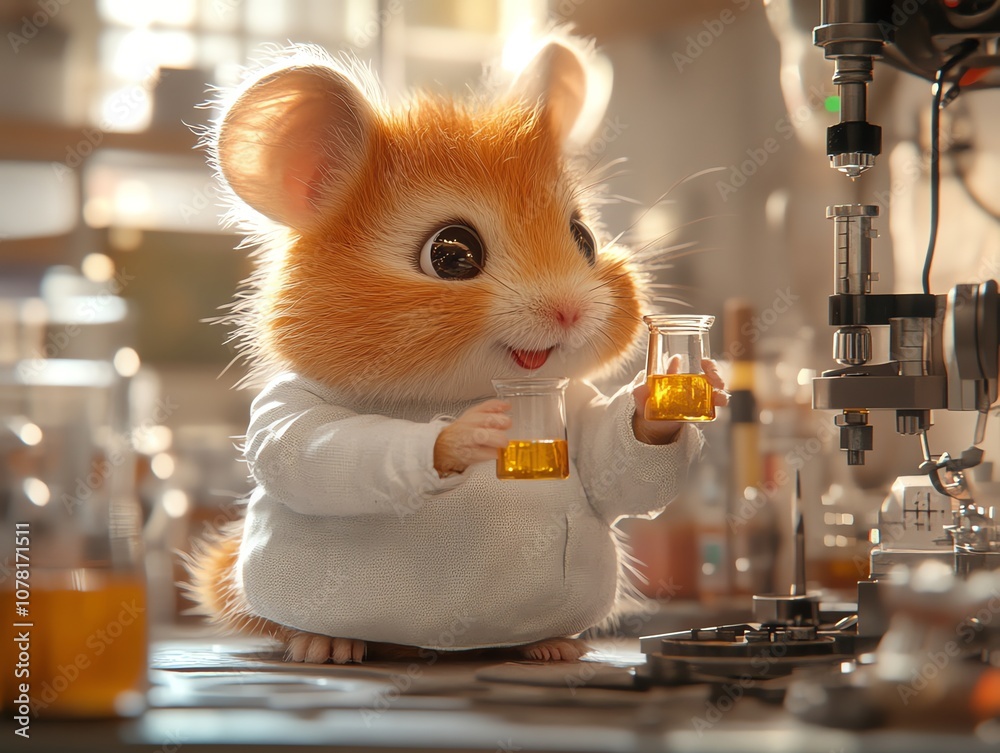 Poster a cute cartoon mouse wearing a lab coat holds a beaker of liquid while working in a science lab.