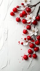 Fresh cherries and delicate cherry blossoms on minimalistic white background