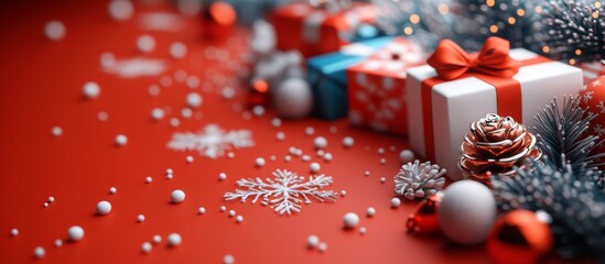 Fototapeta premium Festive Christmas Scene with Wrapped Gifts, Snowflakes, and Pine Cones on a Red Background with Sparkling Lights.