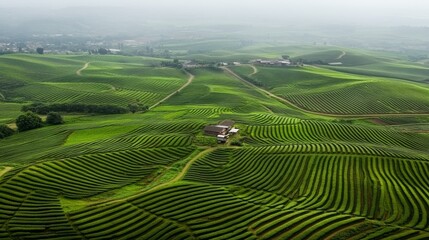 A sweeping, distant view of a coffee plantation nestled at high altitude, showcasing rows of neatly planted coffee plants across a wide, lush landscape.