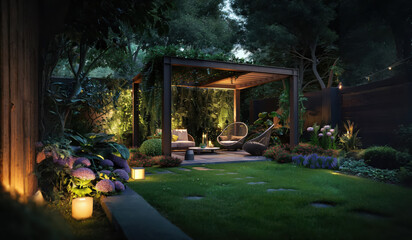 Cozy Evening Garden Retreat with Pergola and Lush Greenery
The cozy seating area beneath the pergola includes comfortable chairs and a small table, surrounded by lush greenery and vibrant flowers