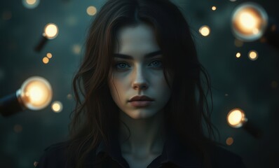 Young woman surrounded by glowing lights