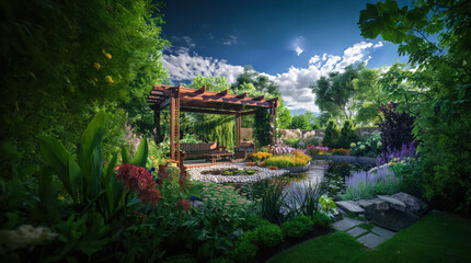 Serene Garden with Wooden Pergola and Pond
a beautifully landscaped garden featuring a wooden pergola providing shade over a tranquil outdoor seating area. The garden is filled with lush greenery