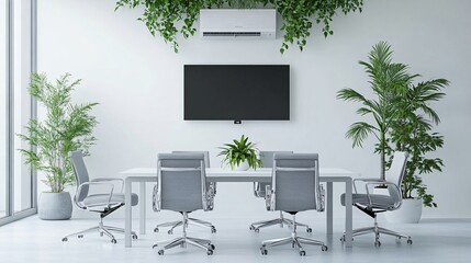 Fototapeta premium Modern Minimalist Office Meeting Room Interior Design with Plants and Air Conditioner