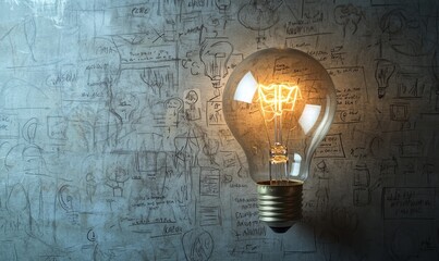 A glowing light bulb hanging against a wall covered in scribbles and diagrams.