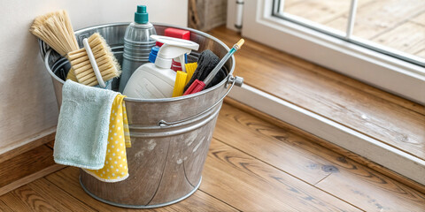apartment cleaning, bucket, brushes, rags, detergents, cleaning products