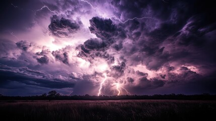 Dramatic Thunderstorm with Striking Lightning Over Open Field Captured During Intense Evening Weather Phenomenon