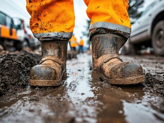Plumber fixing water lines in a construction zone