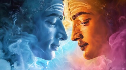 A vibrant, artistic representation of Lord Shiva and Goddess Parvati, depicted in contrasting colors with a smoky background.