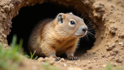 Marmot partially emerging from a burrow with its head turned to the side in a natural setting