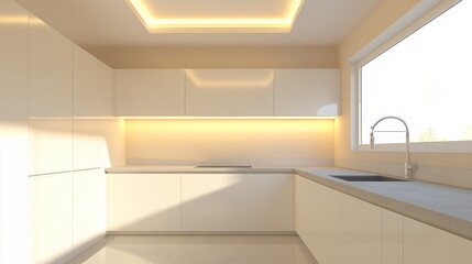 Modern Kitchen Interior Design with White Cabinets and Recessed Lighting