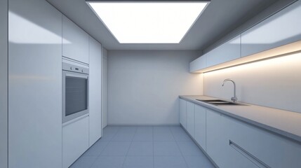 Modern White Kitchen Interior Design with Recessed Lighting and Stainless Steel Appliances