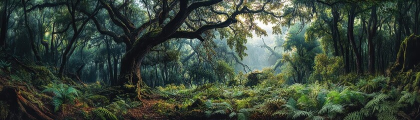 Obraz premium Enchanting Forest Landscape with Lush Greenery and Sunlight Filtering Through Ancient Trees in a Serene Natural Setting
