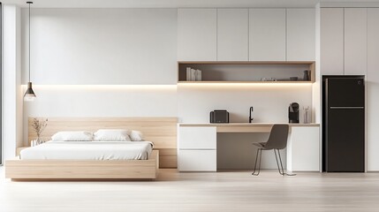 Modern Minimalist Bedroom with Kitchenette and Desk