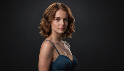 A woman with wavy, brown hair is looking at the camera with a neutral expression