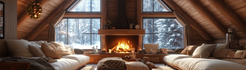 Cozy Winter Cabin Interior with Fireplace and Snowy Forest View Through Large Windows in Rustic Wooden Attic Living Room