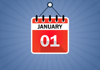 January 01, Calendar hanging sign. 1th days of the month, modern illustration. Date day of week Sunday, Monday, Tuesday, Wednesday, Thursday, Friday, Saturday. Flat style