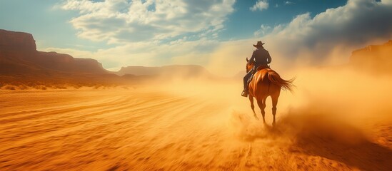 Lone Cowboy Riding Horse Through Dusty Desert Landscape Under Dramatic Sky with Sunlight and Clouds in the American Southwest
