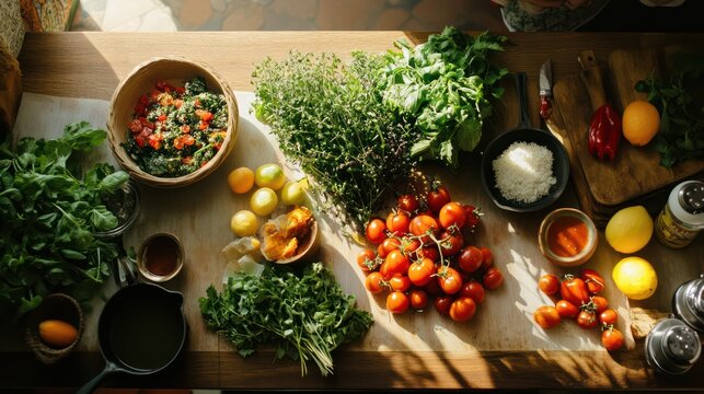 Food from farm to table An organized kitchen with fresh ingredients warm atmosphere